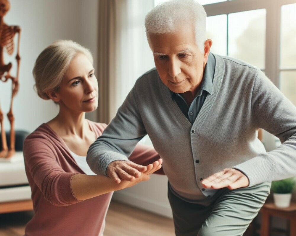 Older adult performing balance exercises with a physical therapist