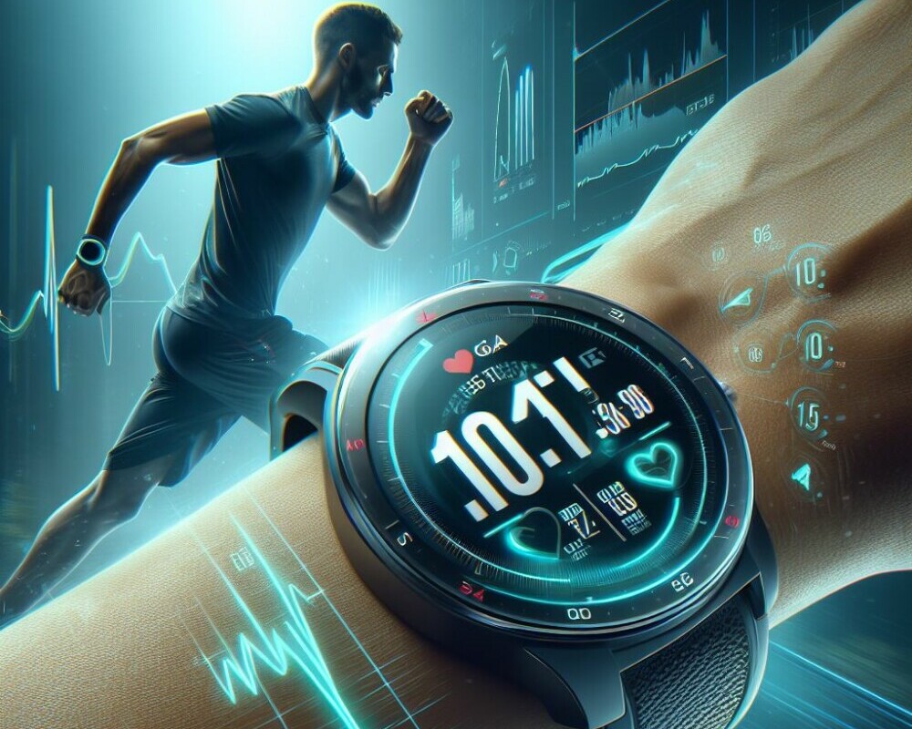 showcasing a smartwatch or fitness tracker displaying workout data