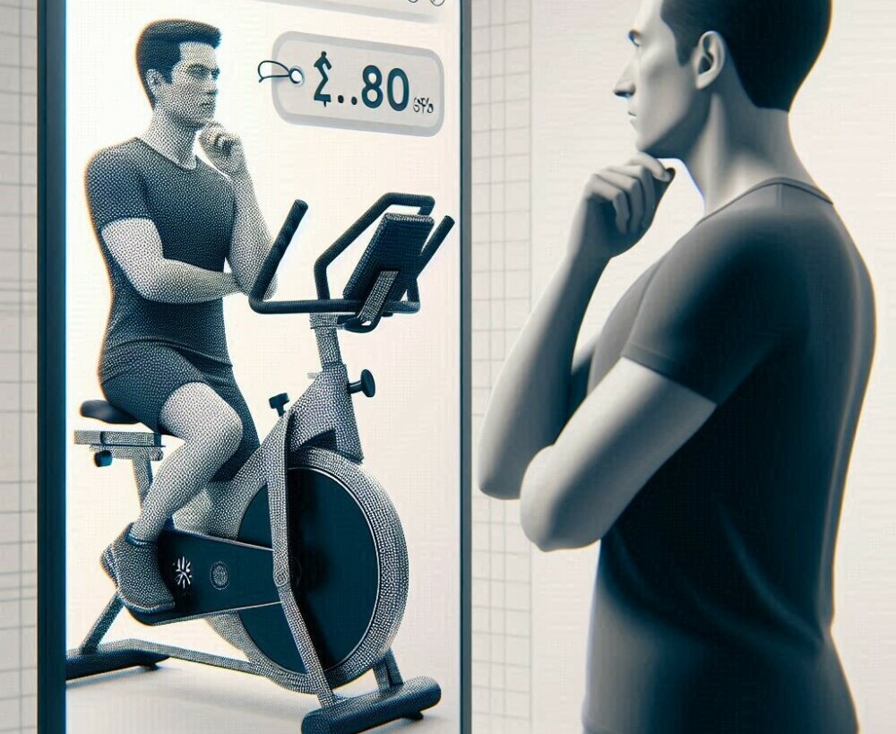 a person looking thoughtful while looking at a price tag on a smart home gym machine