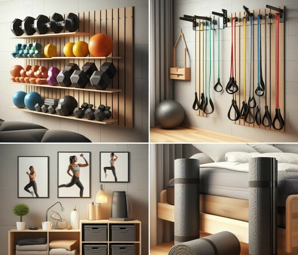 images showcasing various storage solutions for fitness gear in small apartments