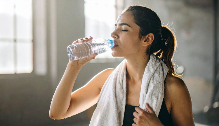 woman drinking water after a home workout