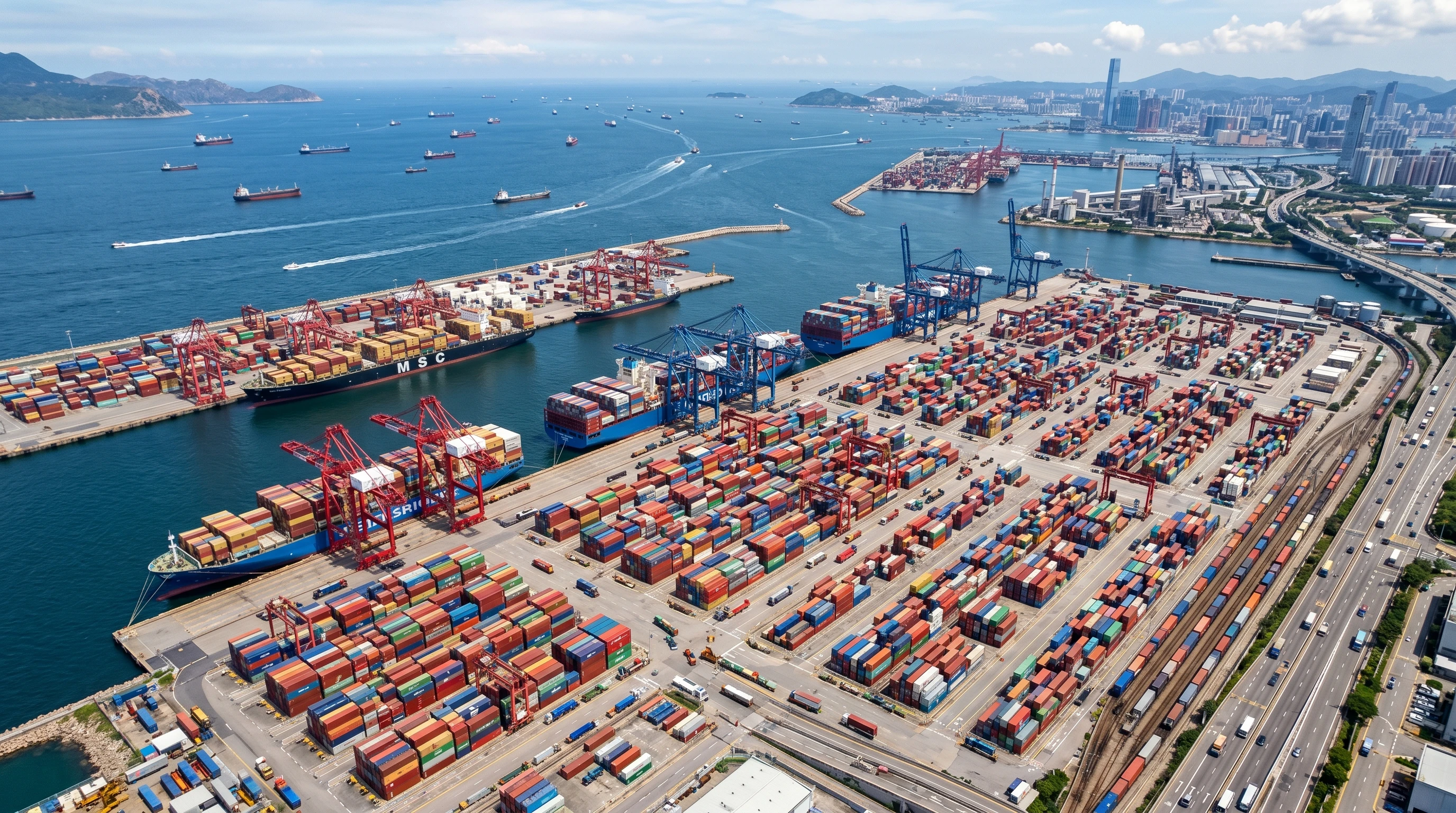 Aerial view of a shipping port with containers, ships, and cranes illustrating international trade and logistics networks connecting continents.