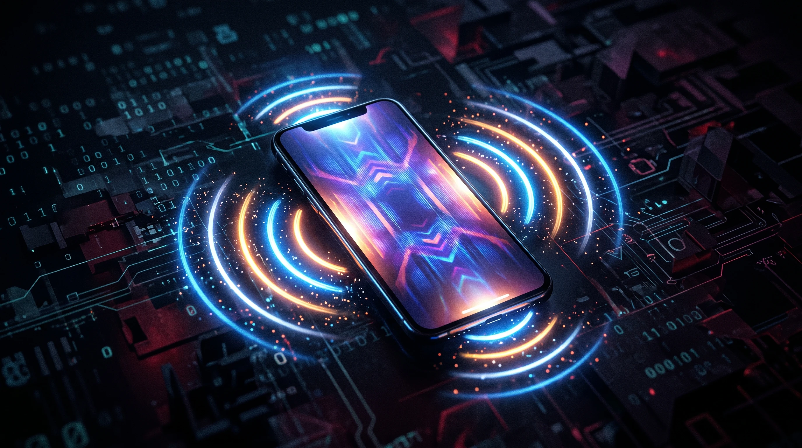 An illustration of a silent phone with abstract digital waves and a shadowy recording device, symbolizing voice fraud.
