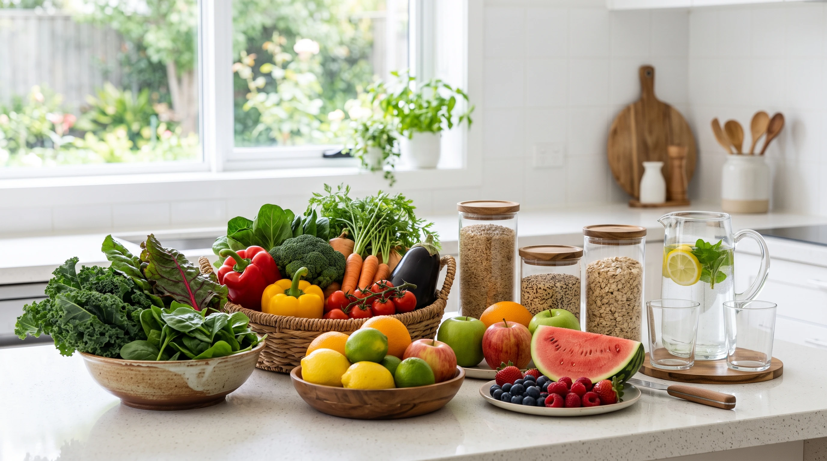 Colorful foods and fresh water on a kitchen counter