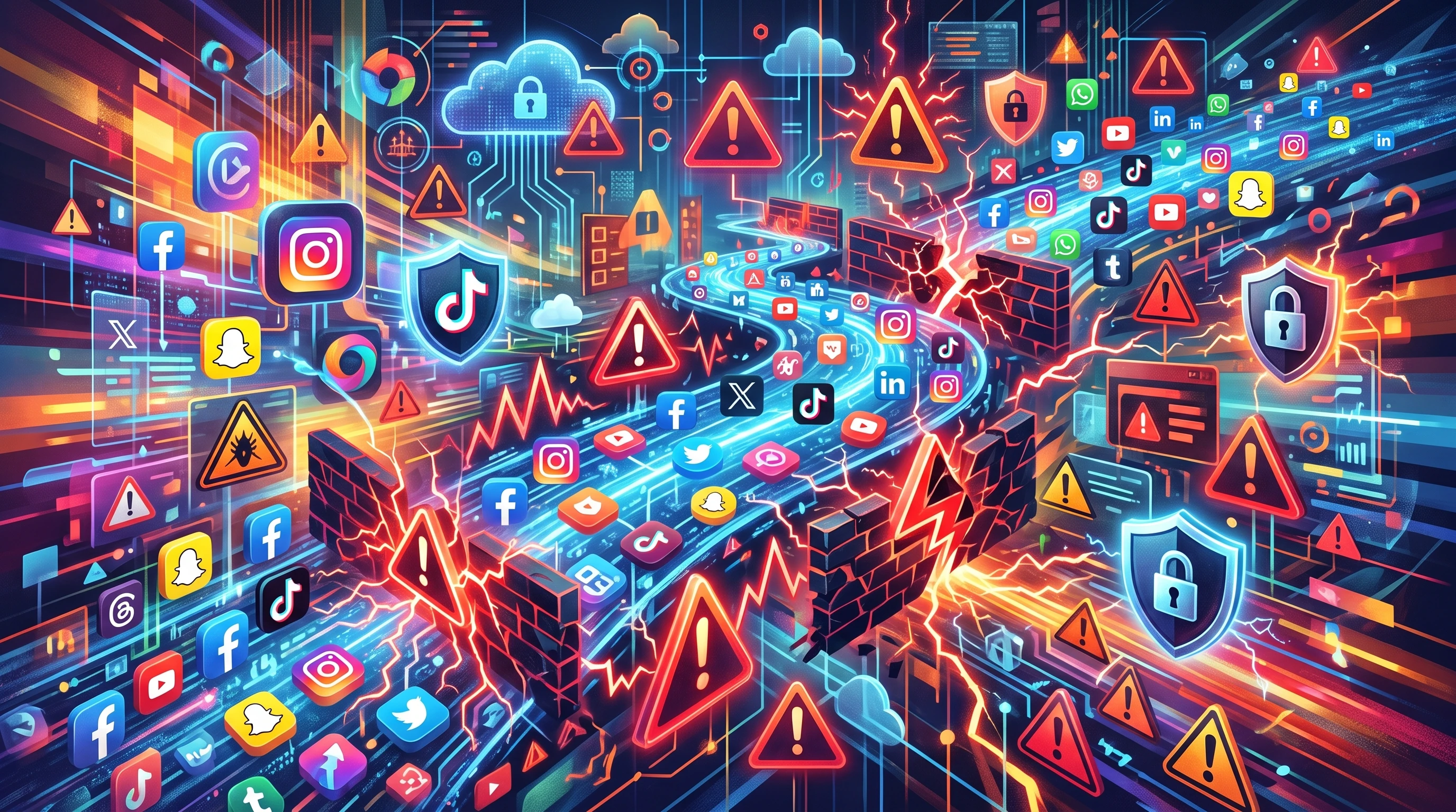 Colorful concept art of social media icons and digital security, with abstract warning signs