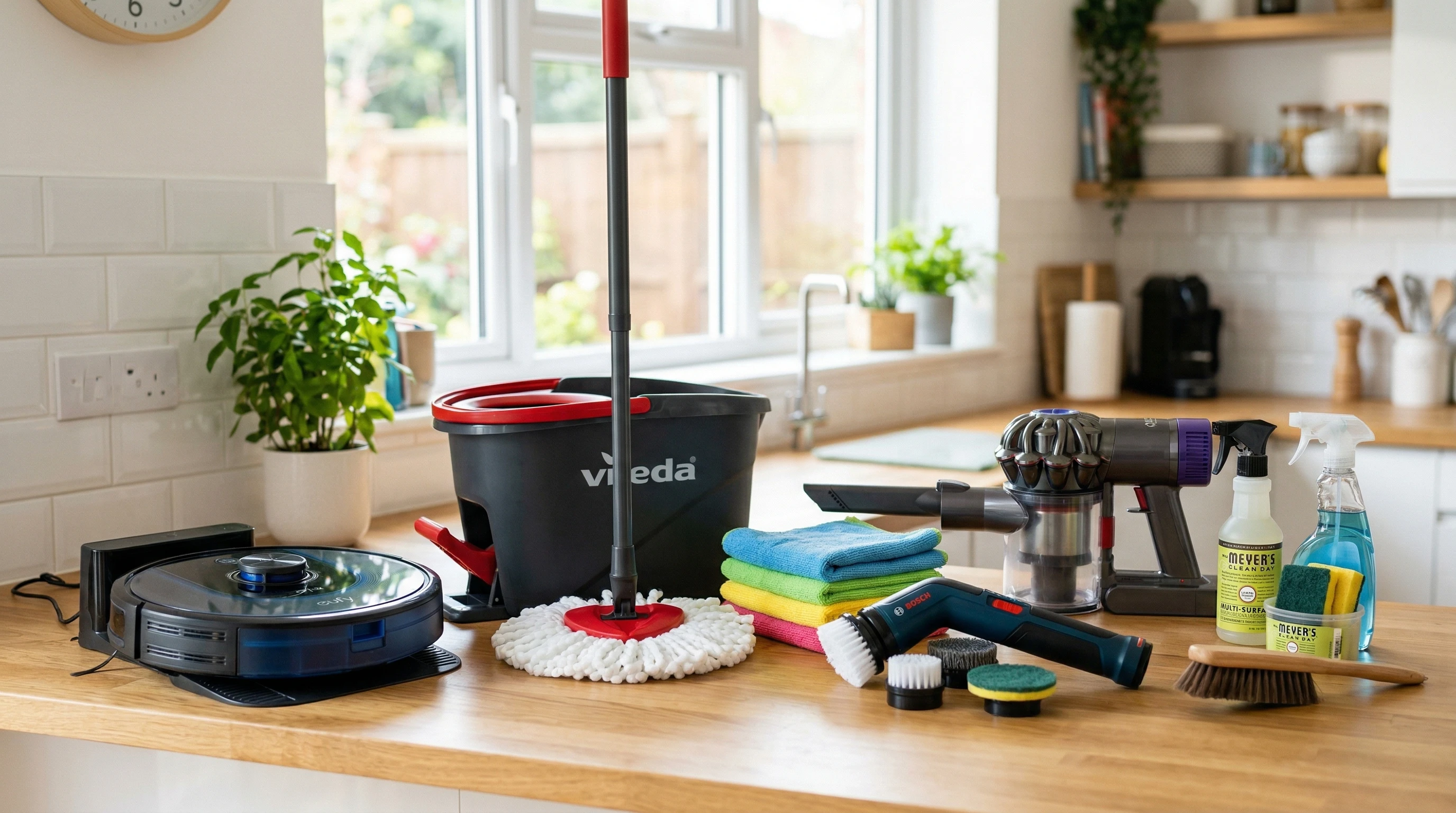 Selection of modern cleaning gadgets and tools for spring cleaning displayed on a bright countertop