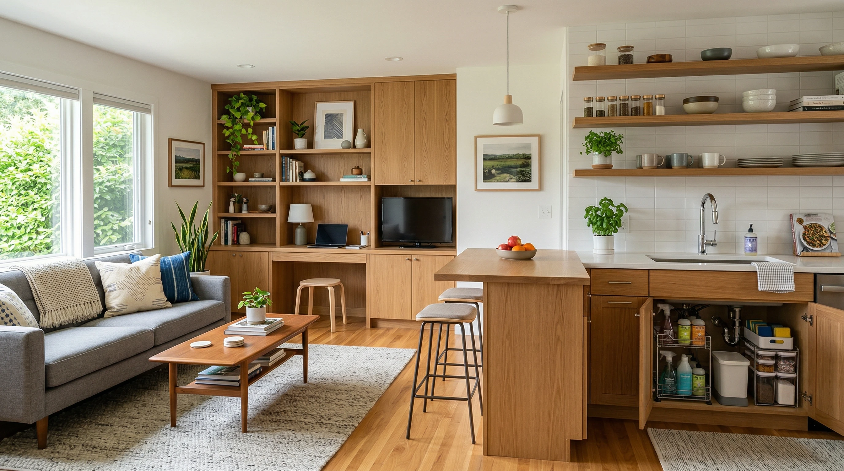 Organized living room with smart storage solutions