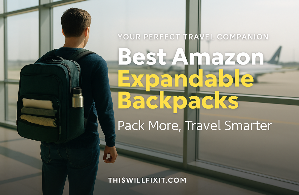 Traveler in airport holding an expandable backpack partly unzipped with clothes and laptop inside, suitcase in background, overlay text reads Best Amazon Expandable Backpacks – Pack More, Travel Smarter