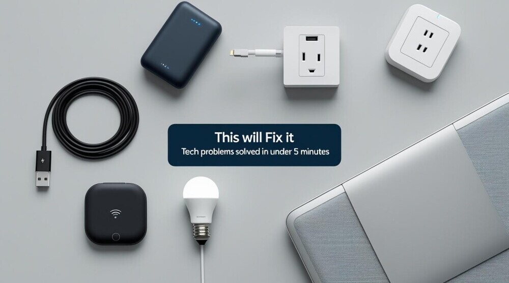 Flat lay of modern tech gadgets including a power bank, Wi-Fi extender, wireless earbuds, smart tracker, and power strip on a white background with text overlay that reads ‘This Will Fix It: Tech Problems Solved in Under 5 Minutes.
