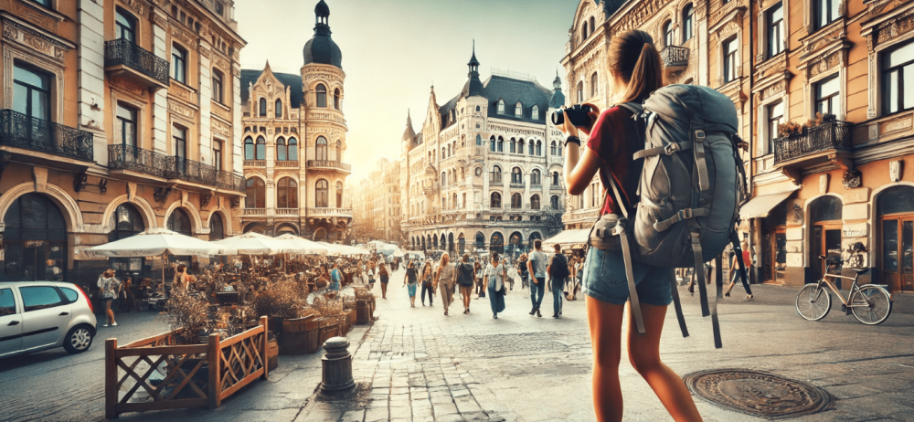 solo female traveler walking through a bustling city street with a mix of historic and modern architecture, carrying a reliable backpack and wearing comfortable shoes