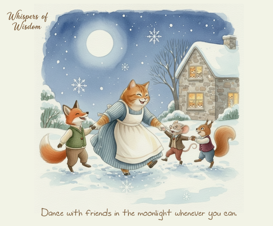 A friendly group of cartoon animals including a fox, cat, mouse and squirell dancing in the moonlight with text overlay saying "Dance with friends in the moonlight whenever you can."