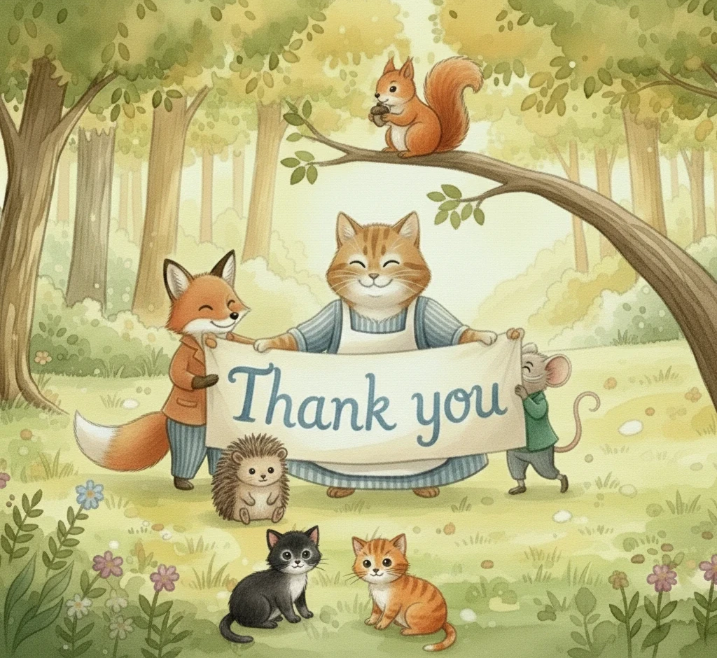 cute woodland creatures holding a Thank you banner