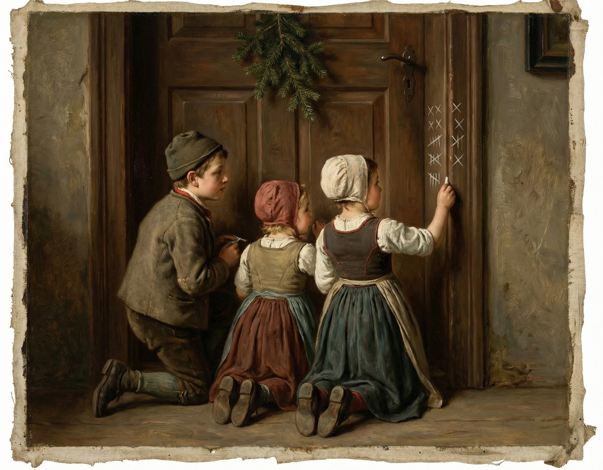 painting of children in 1800s clothes marking crosses on a door to count down to Christmas