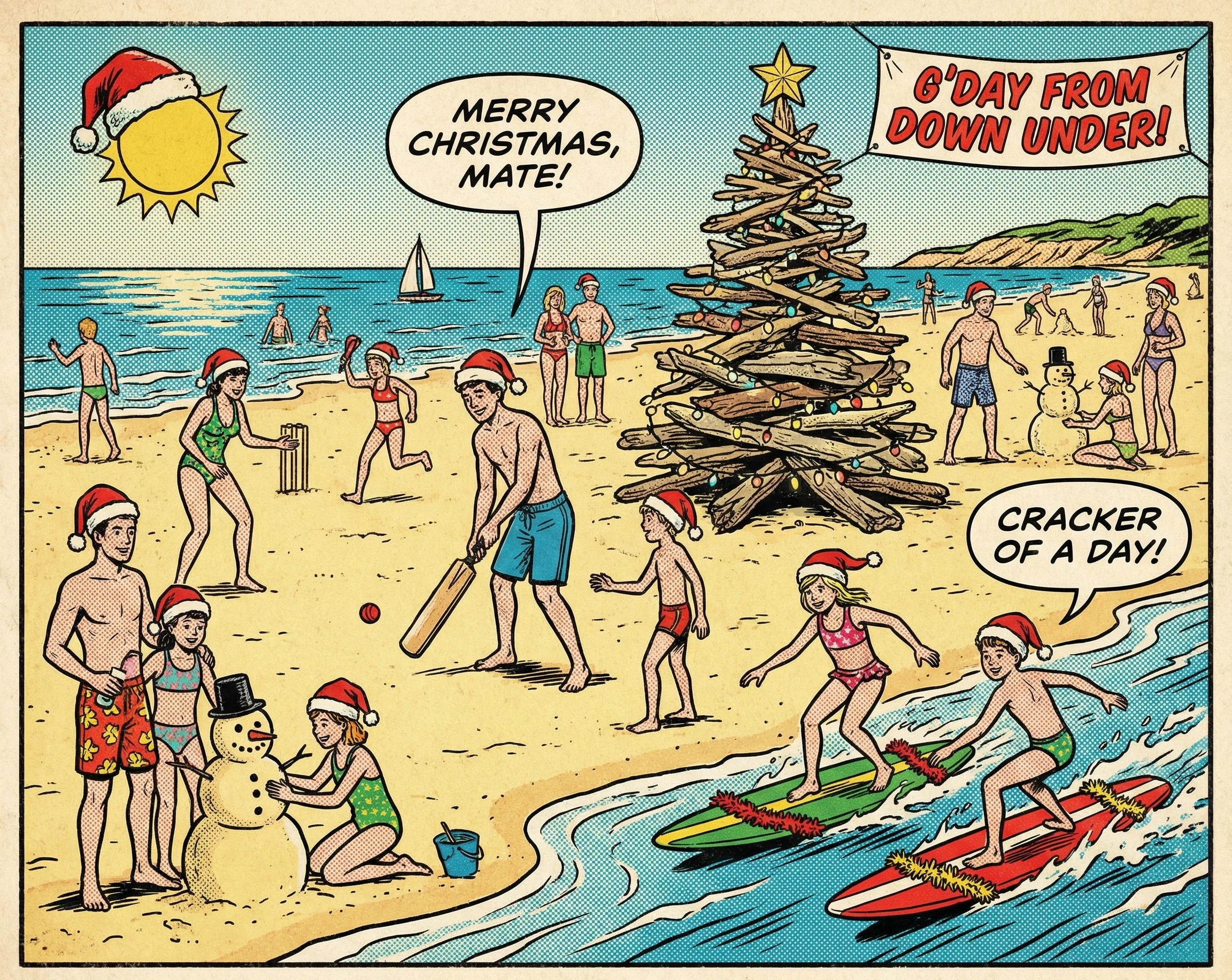 comic book image of people in Australia celebrating Christmas on the beach 