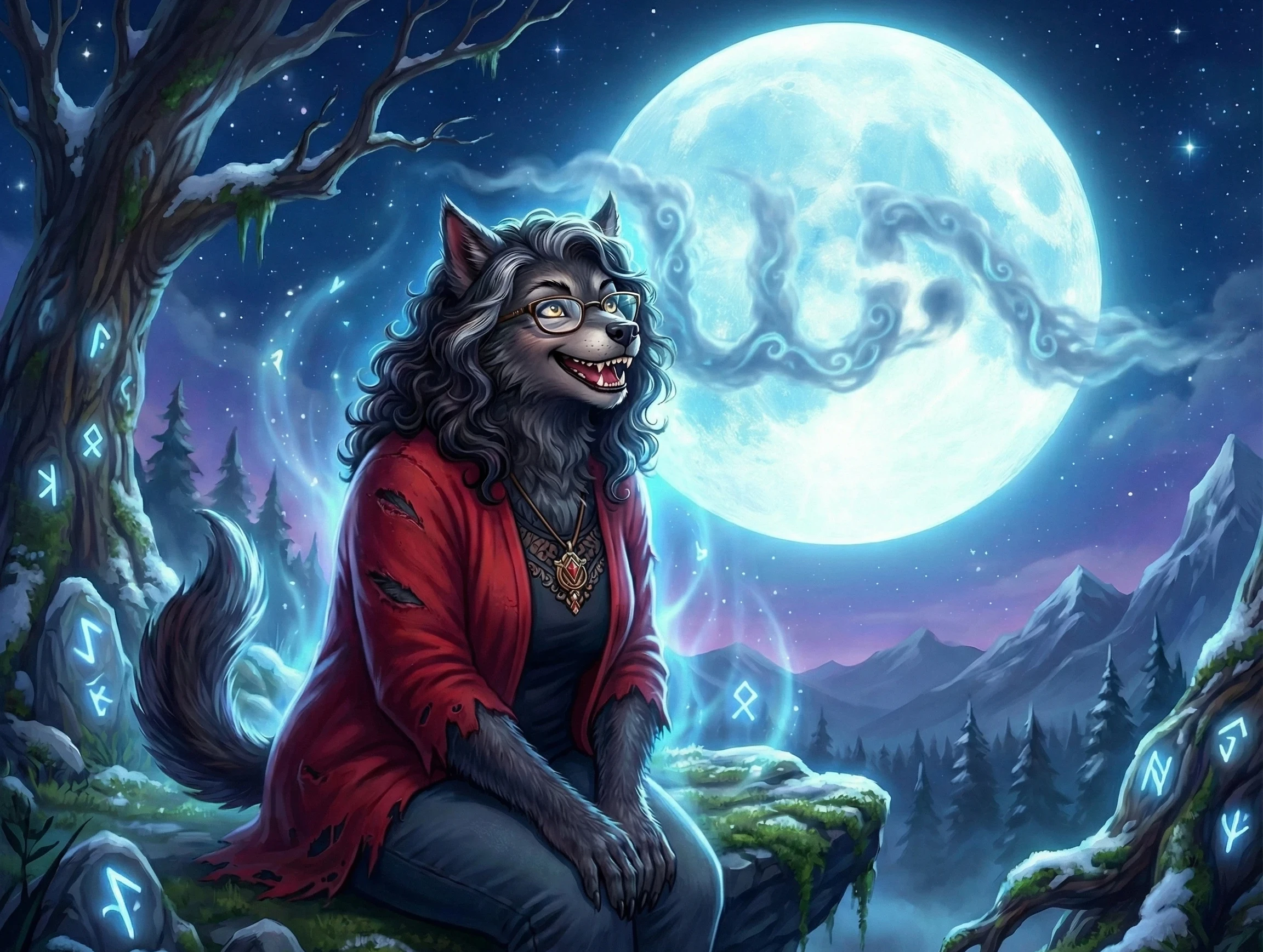 A friendly werewolf girl in glasses looking up at a full moon with wispy clouds in the shape of the WA logo