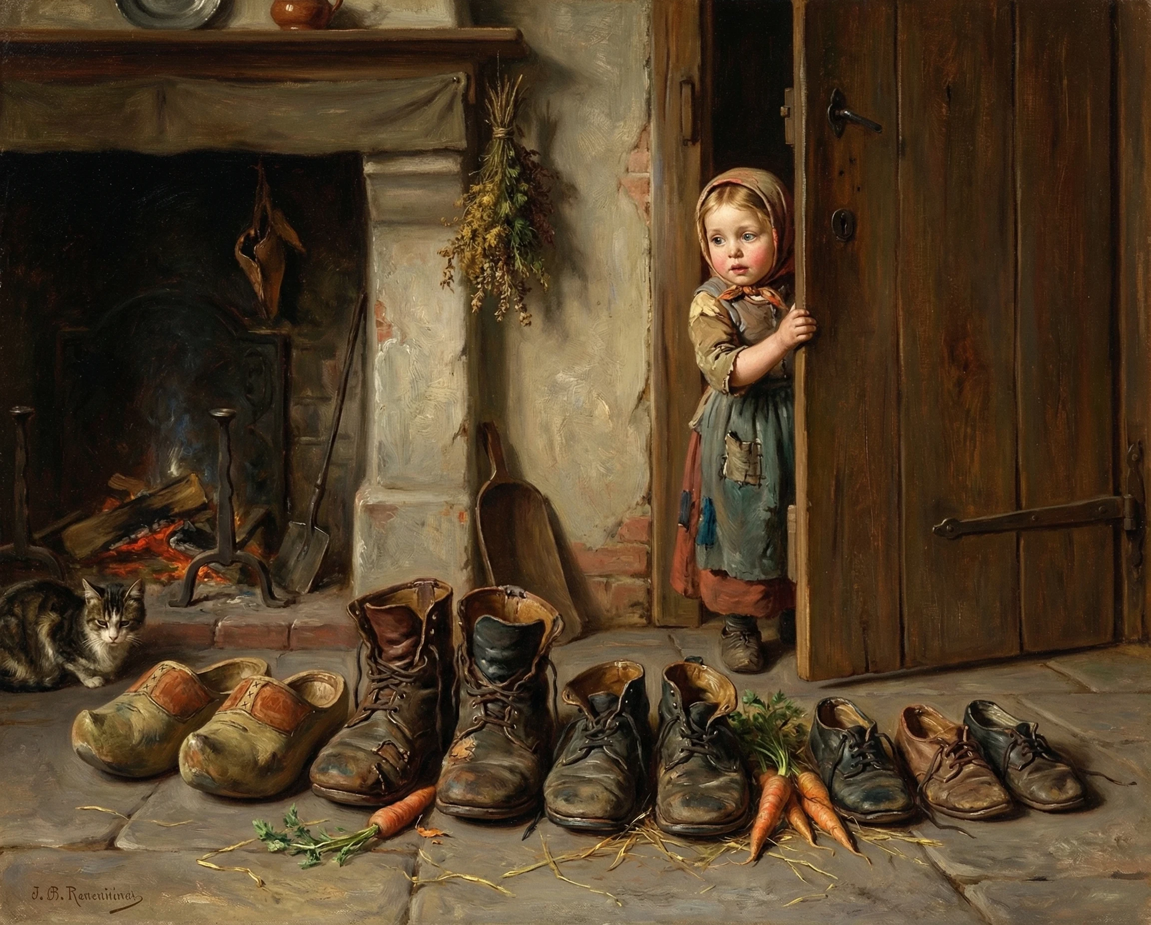 oil painting of old shoes on a hearth with a small girl looking at them from behind a door. The scene is a peasant scene from 1800s