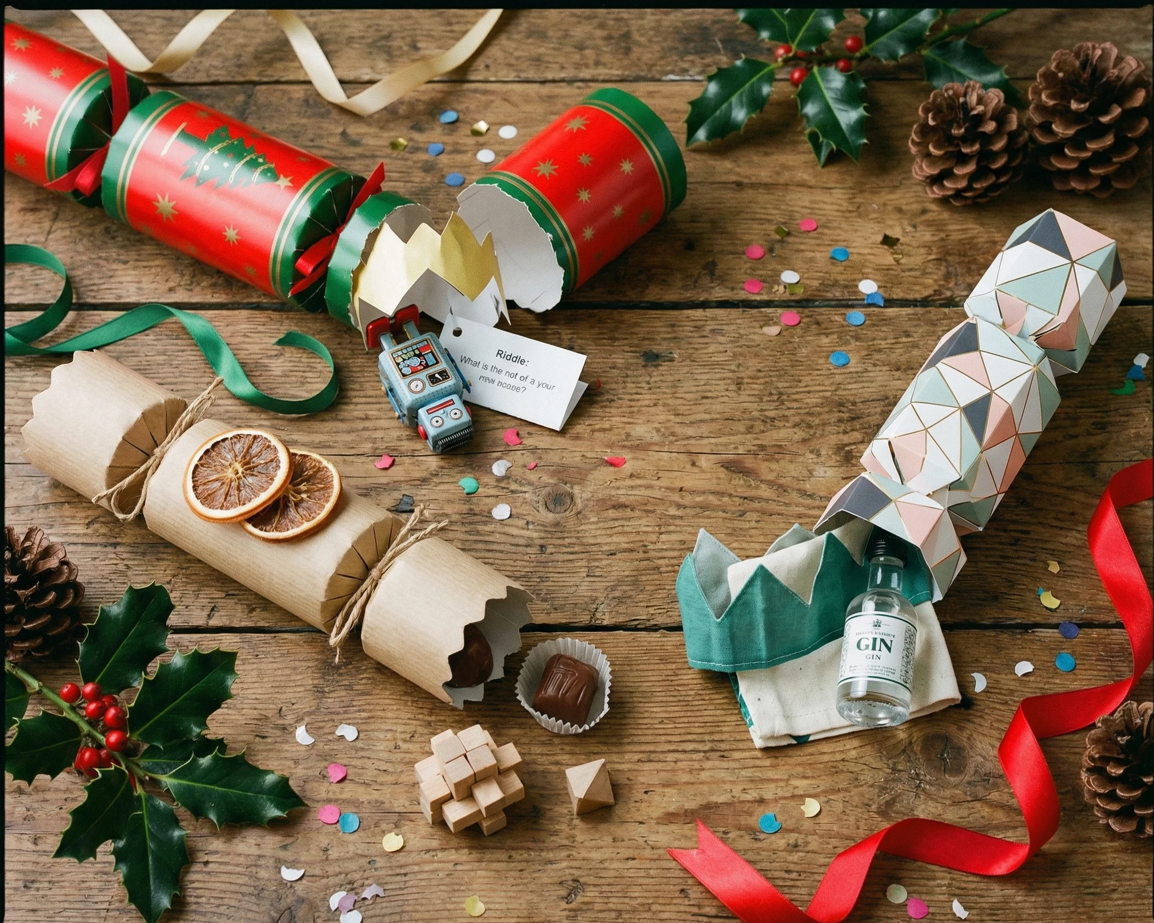 Various christmas crackers showing their contents