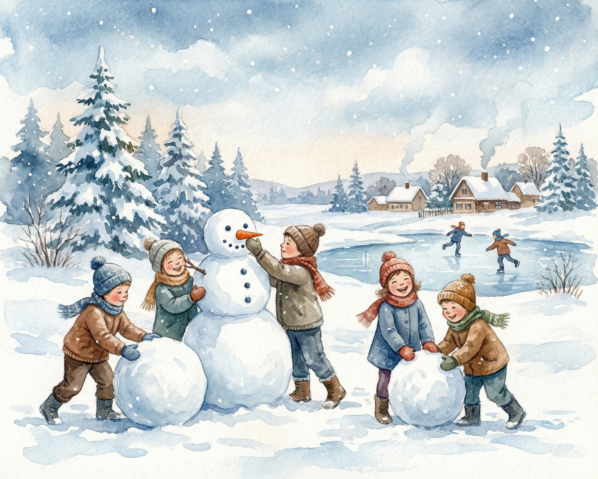 A wintry scene with children building a snowman