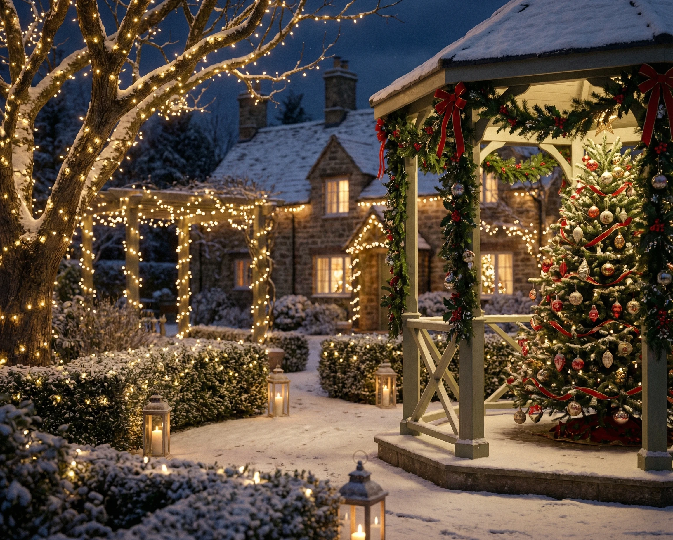 A classy traditional winter garden with Christmas lights and decorations