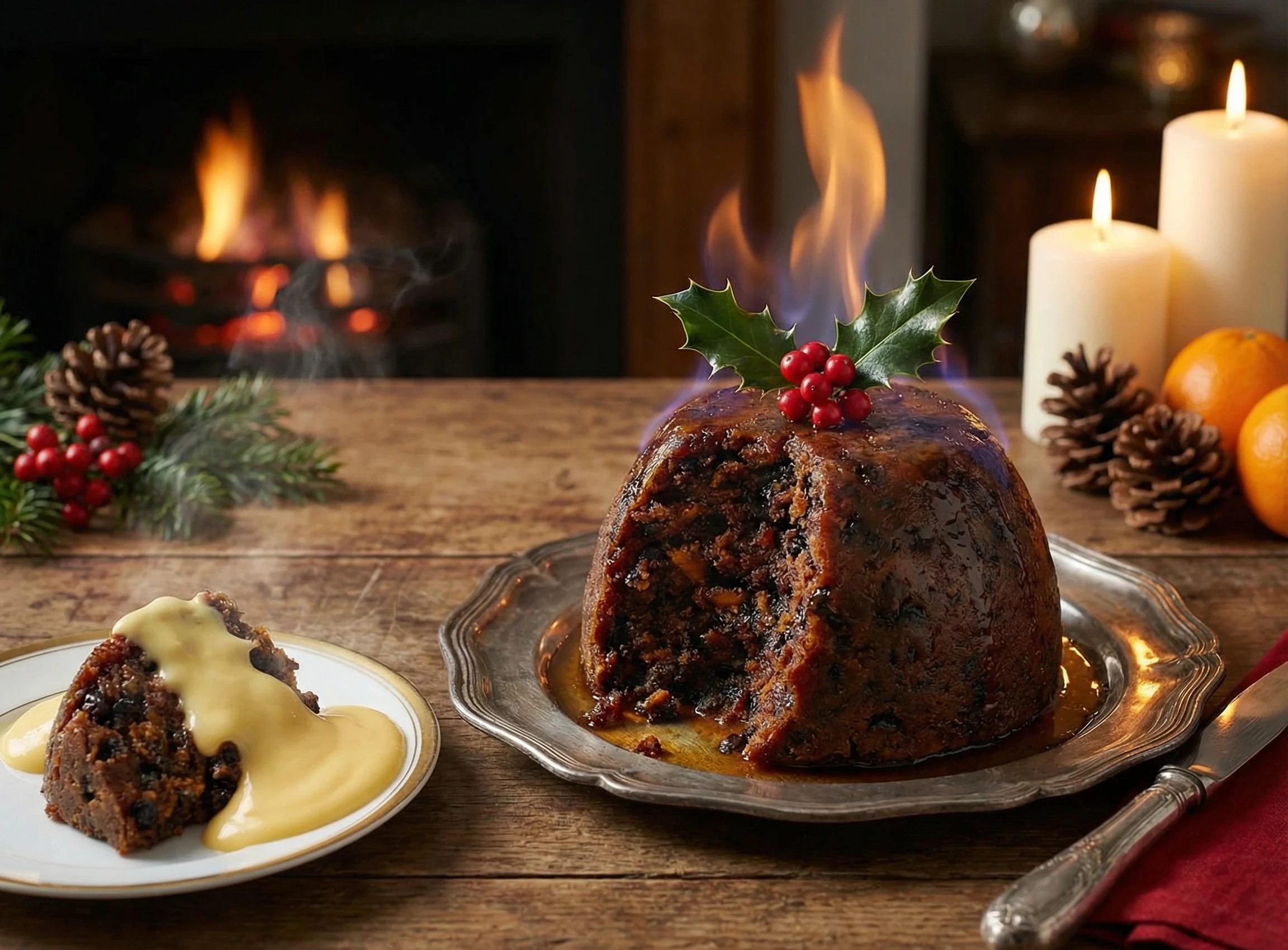 A Christmas pudding alight and a serving topped with custard