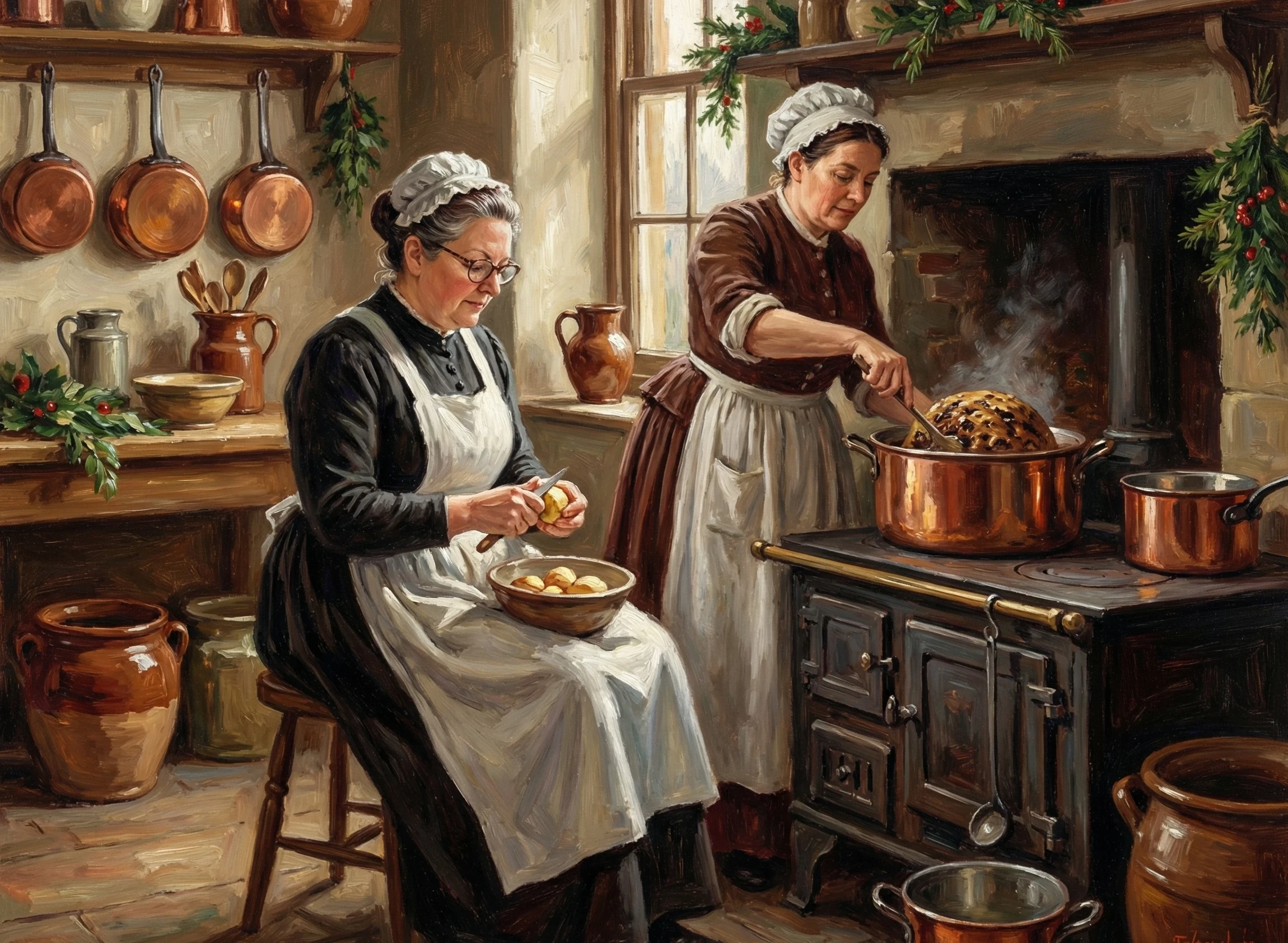 Two women in a Victorian kitchen - one peeling potatoes and another cooking a Christmas pudding