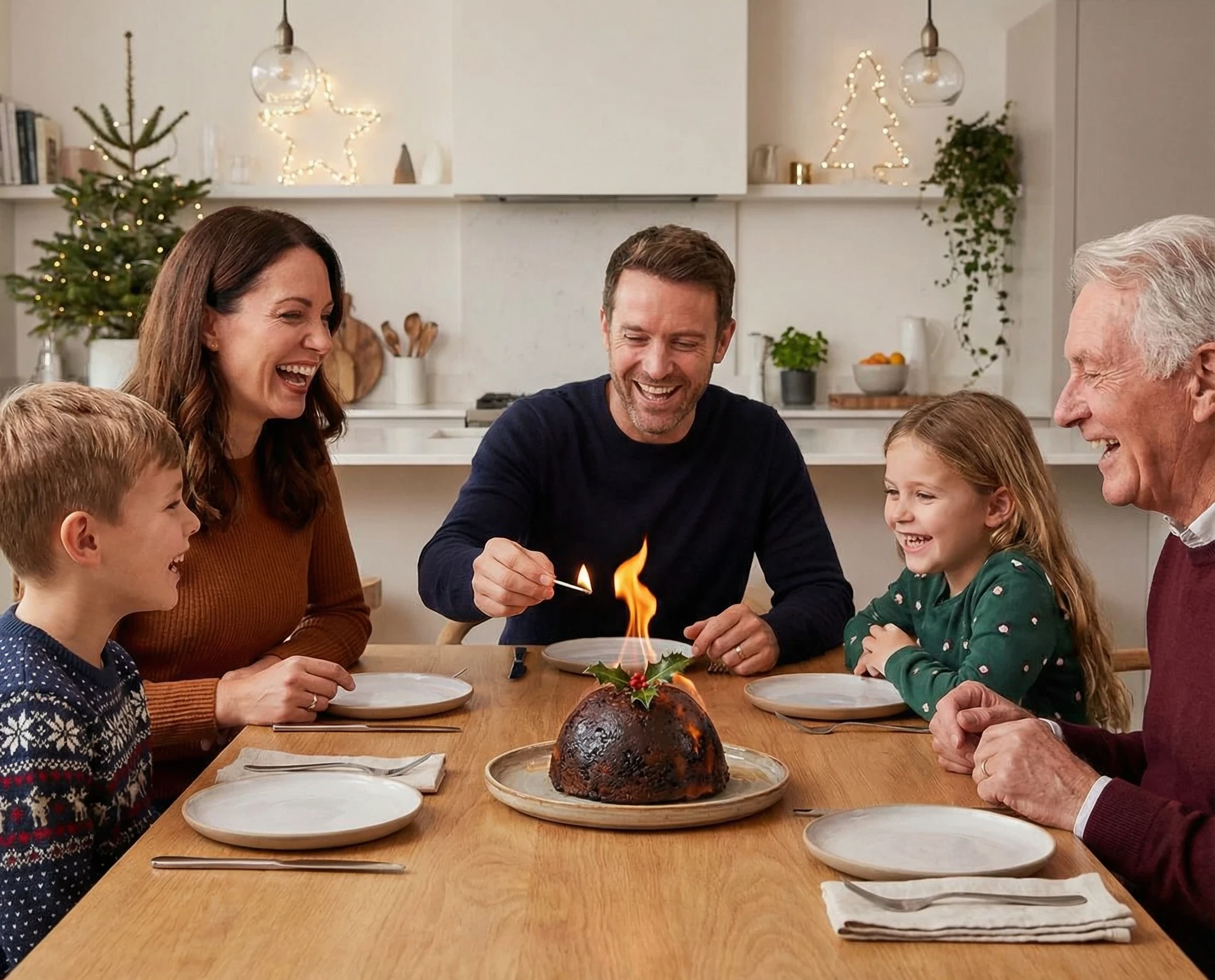 A modern family enjoying a traditional Christmas pudding