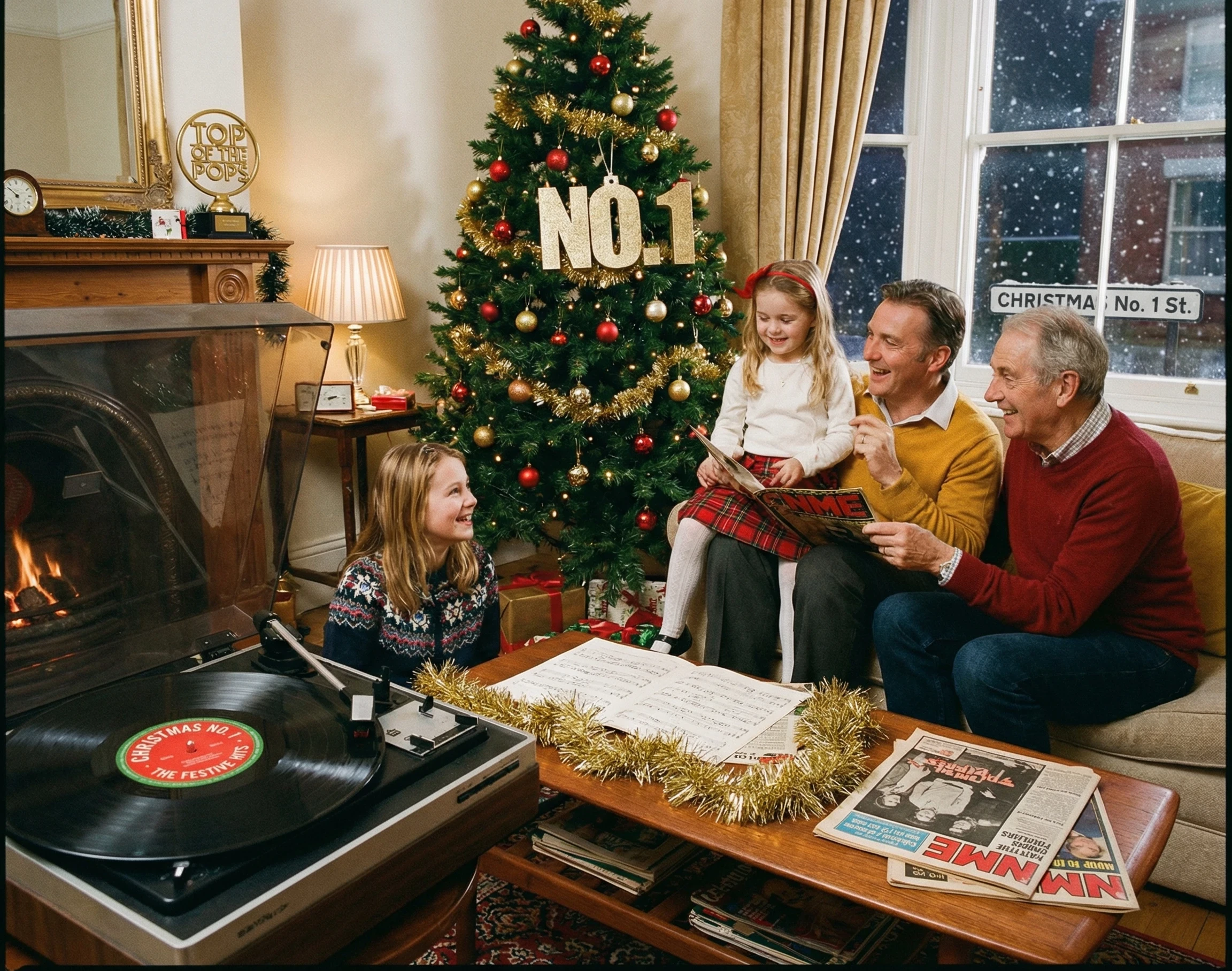 A family listening to Christmas music on a record player