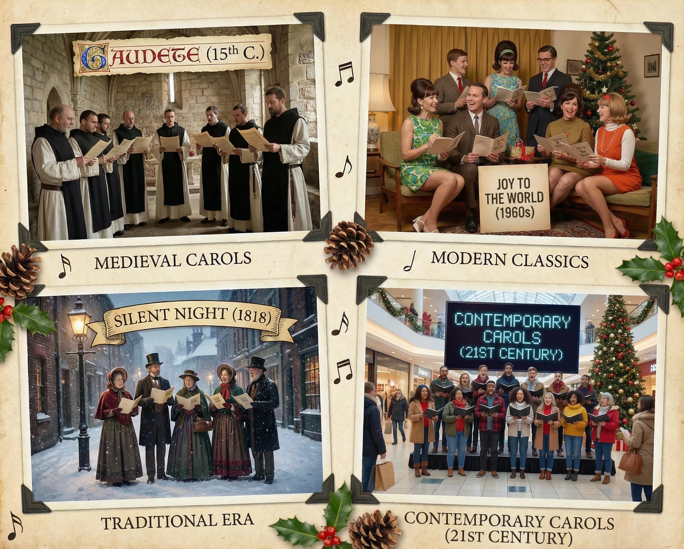 A montage showing carol singers in 4 different eras, medieval, Victorian, 1960s and contemporary