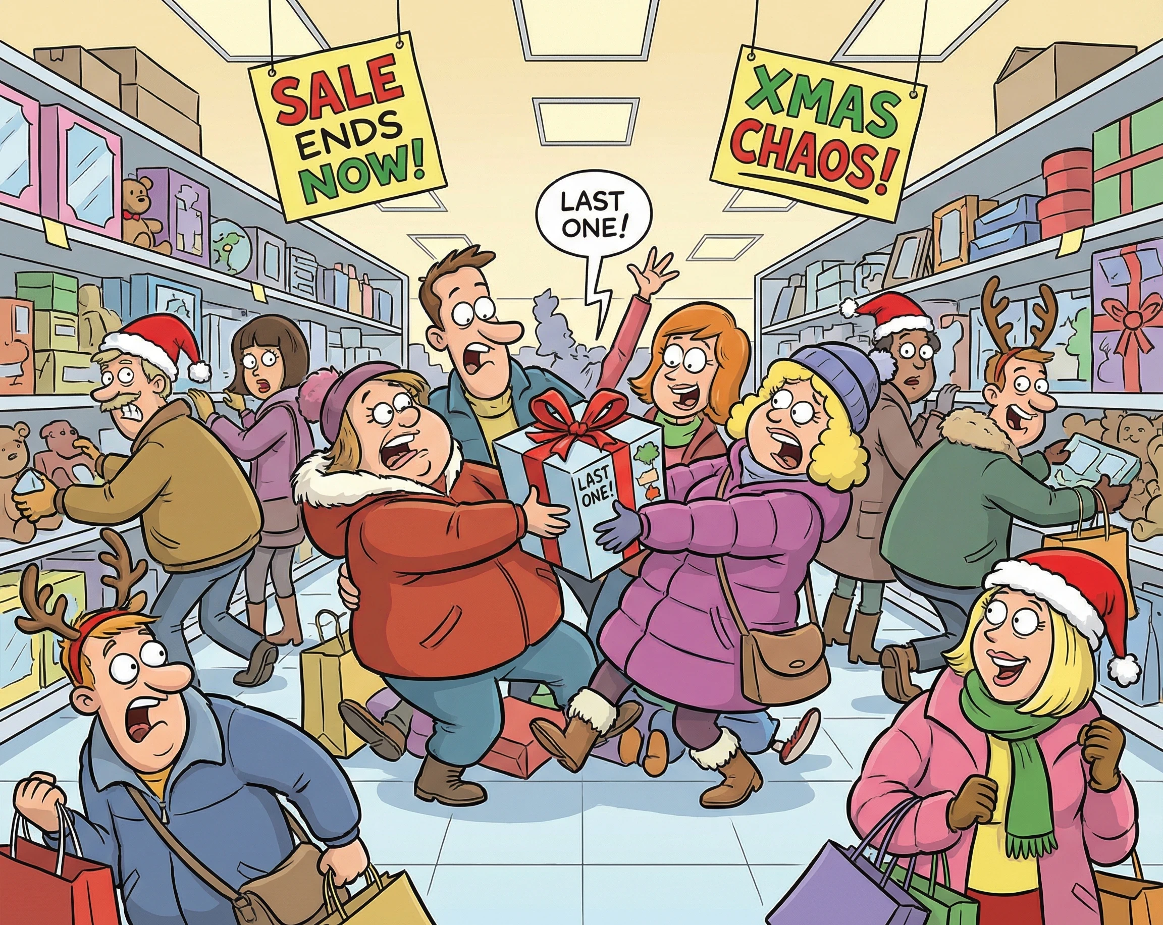 A comic cartoon scene showing shoppers fighting over the last present