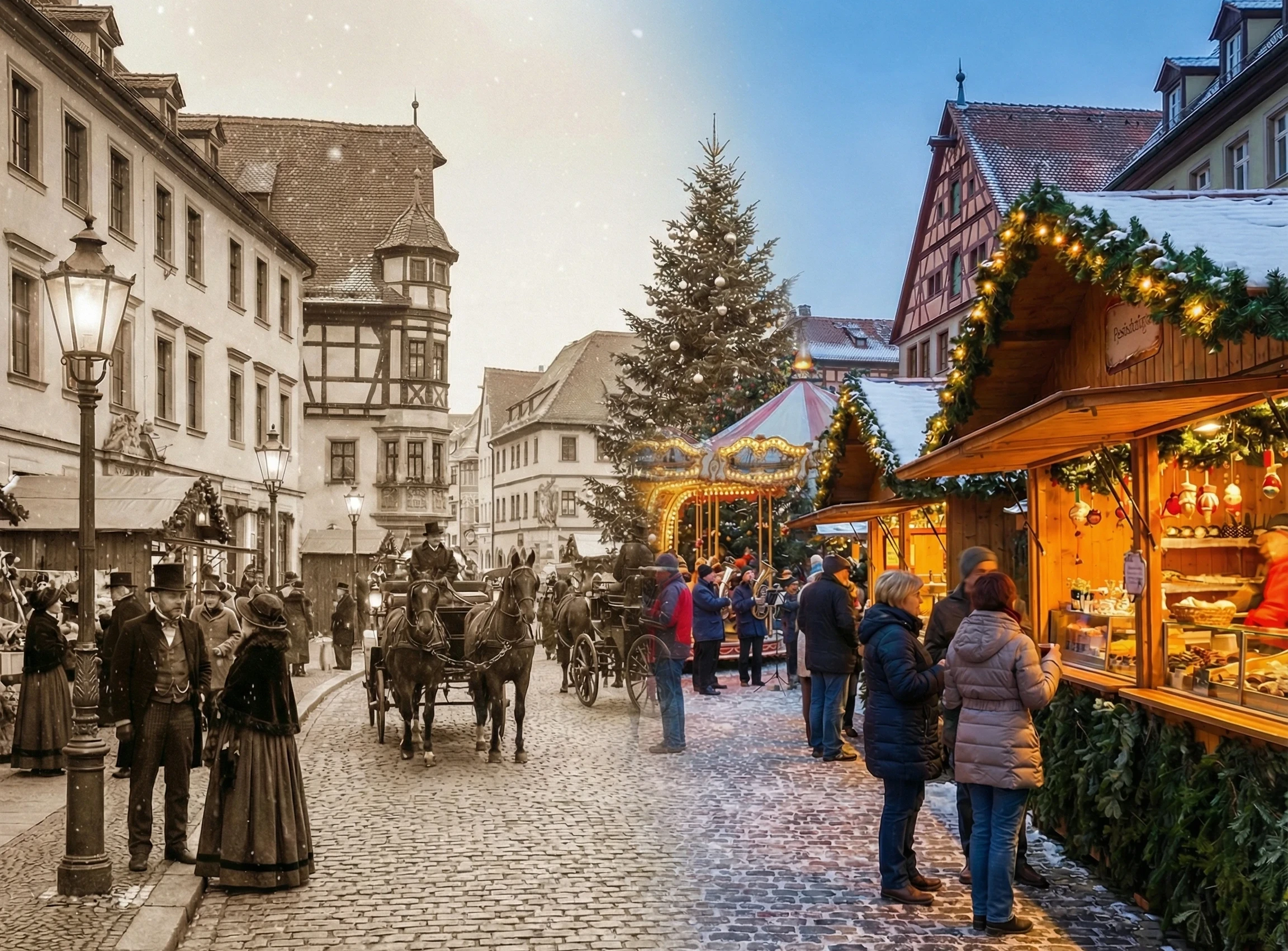 A Christmas market c. 1840 and modern day