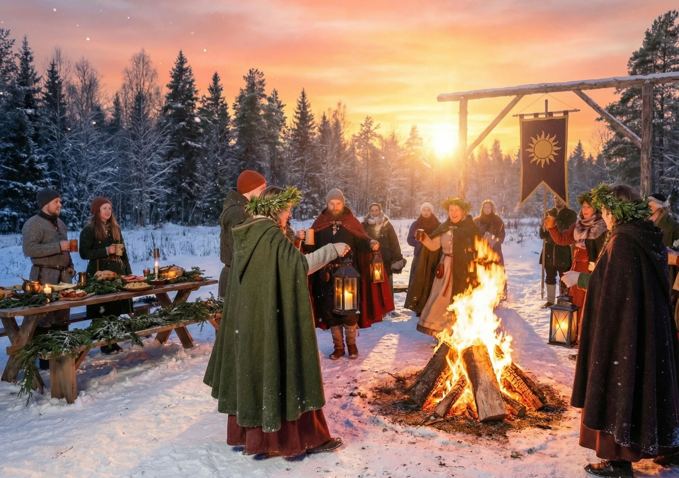 A group of people celebrating Yule, dancing around a log fire on Winter Solstice as the sun rises in the backgorund