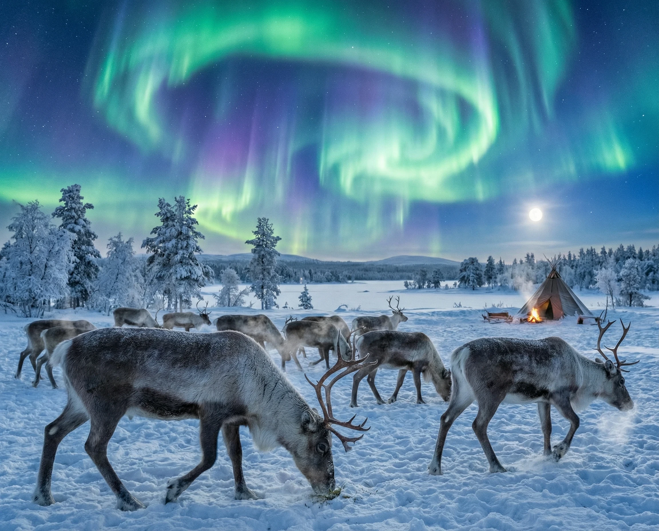 Reindeer in Lapland with the Northern Lights in the background