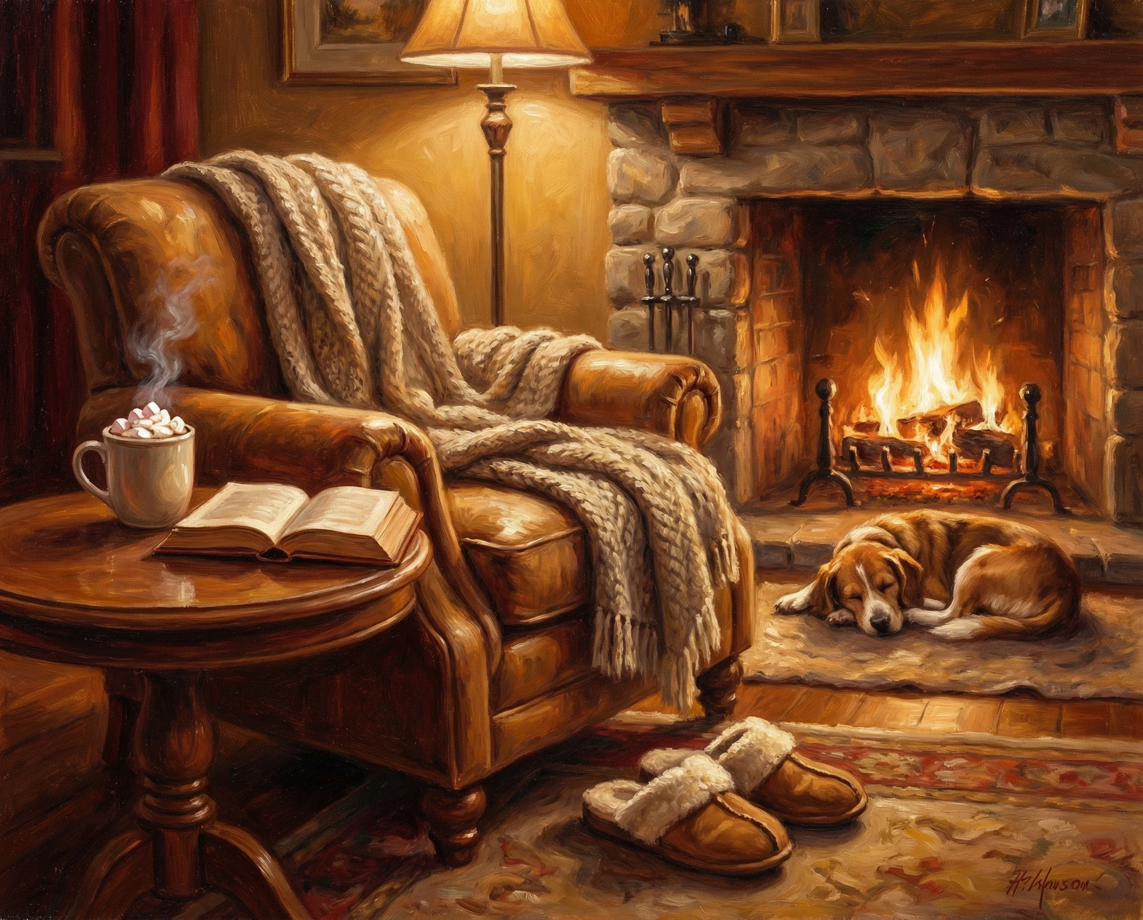 A cosy armchair by a fire with a blanket, slippers, warm drink and book. 