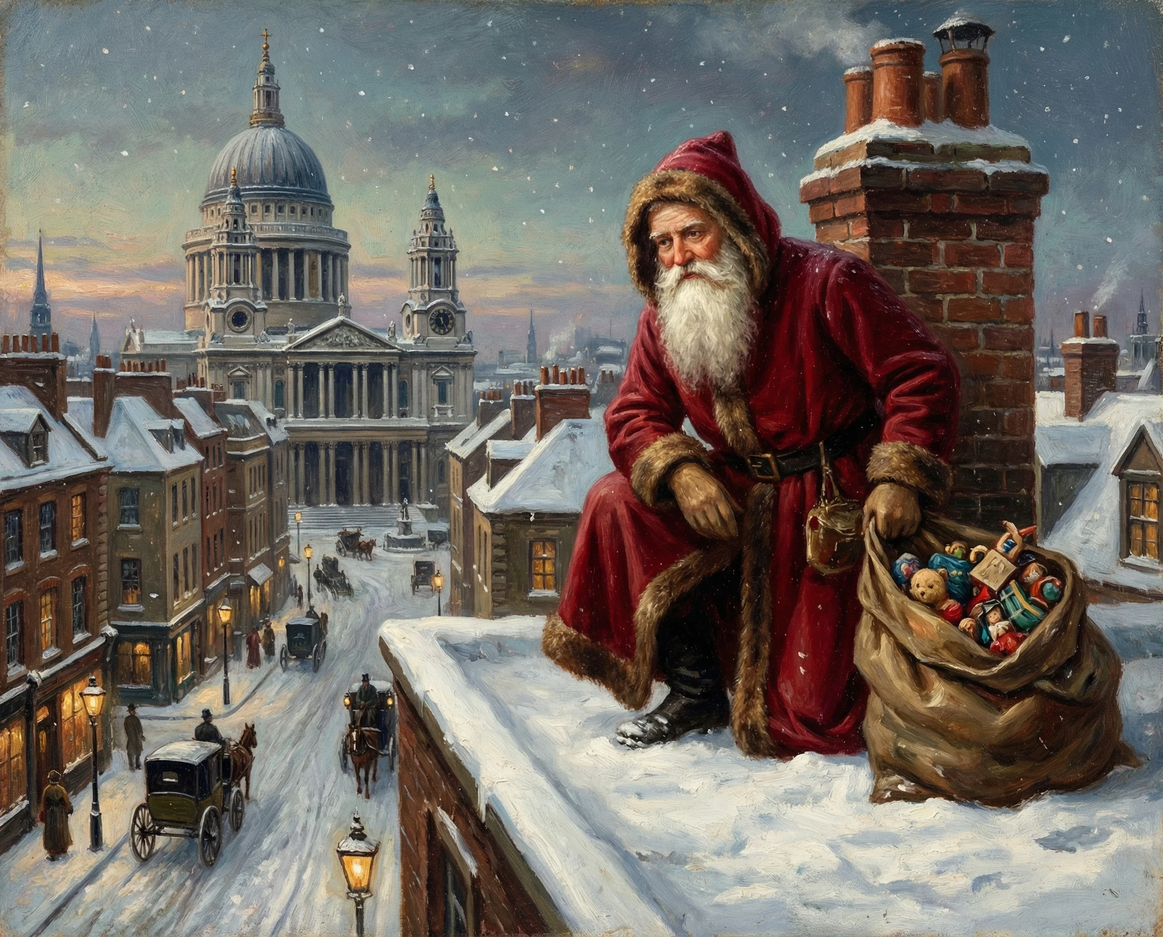 An oil painting representation of Father Christmas with a sack of presents on a rooftop by a chimney in Victorian London. 