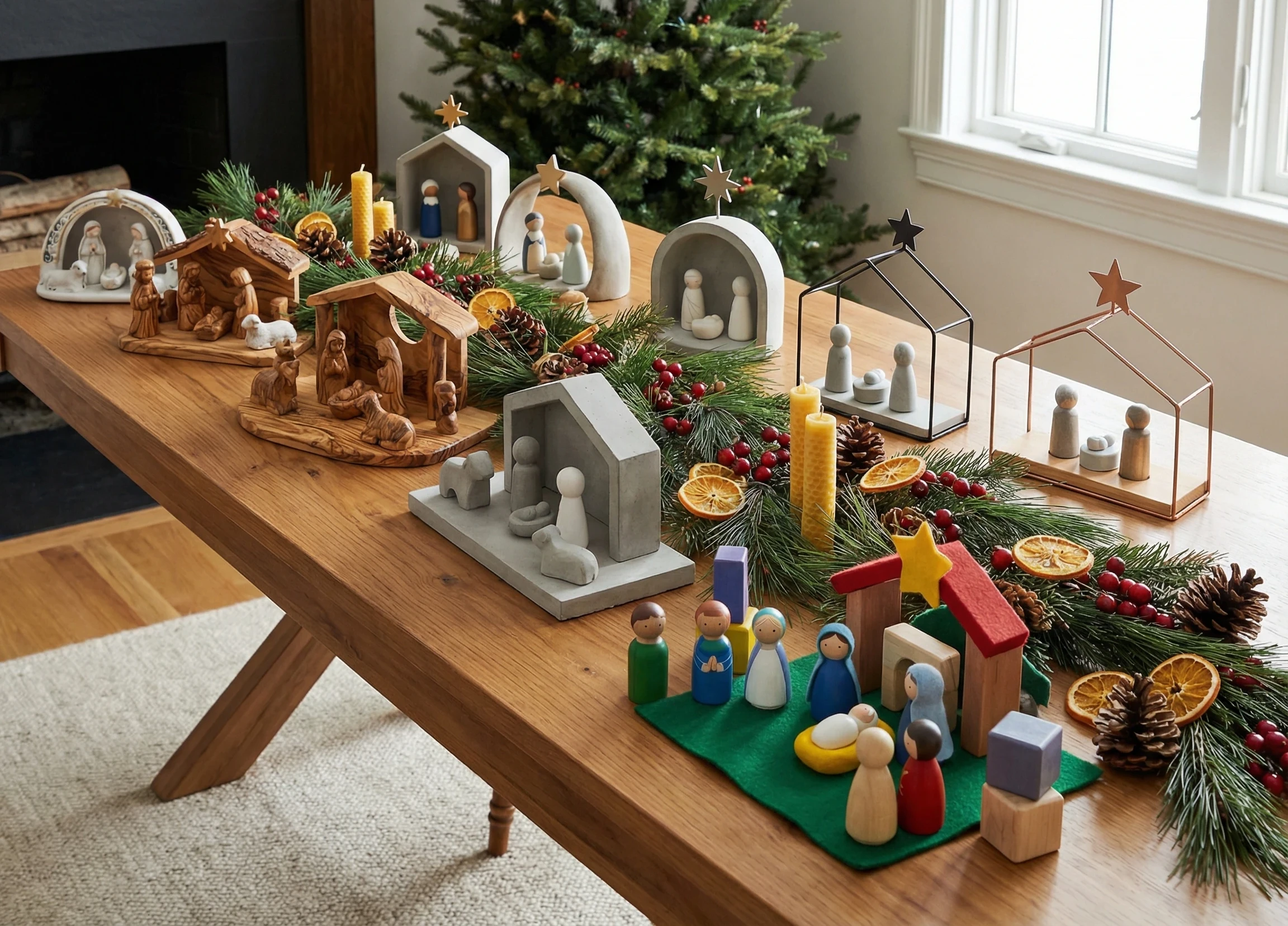 A display of nativity scenes from traditional to modern