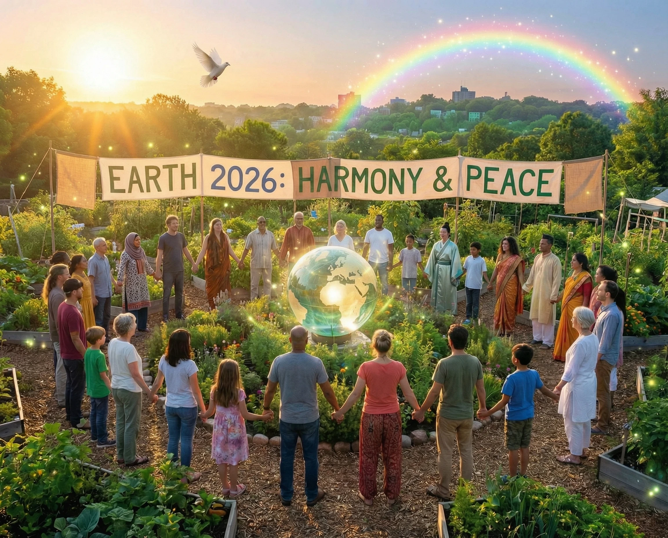 A circle of people holding hands around a glass globe, with a banner saying "Earth 2026: Harmony and Peace" with a rainbow in the background