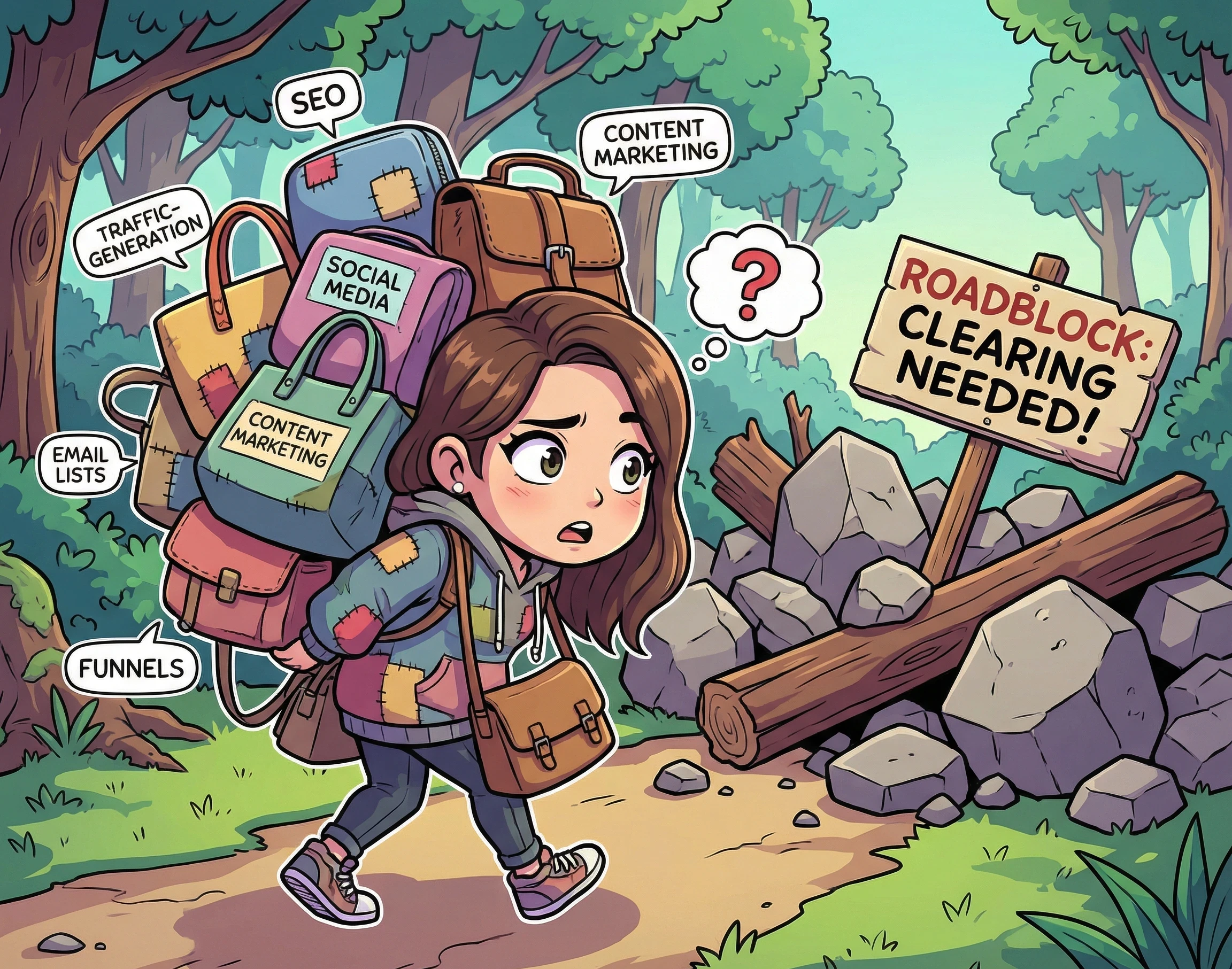 A comic image of a woman carrying lots of online business bags who as come to a blockage in the road that needs clearing. 