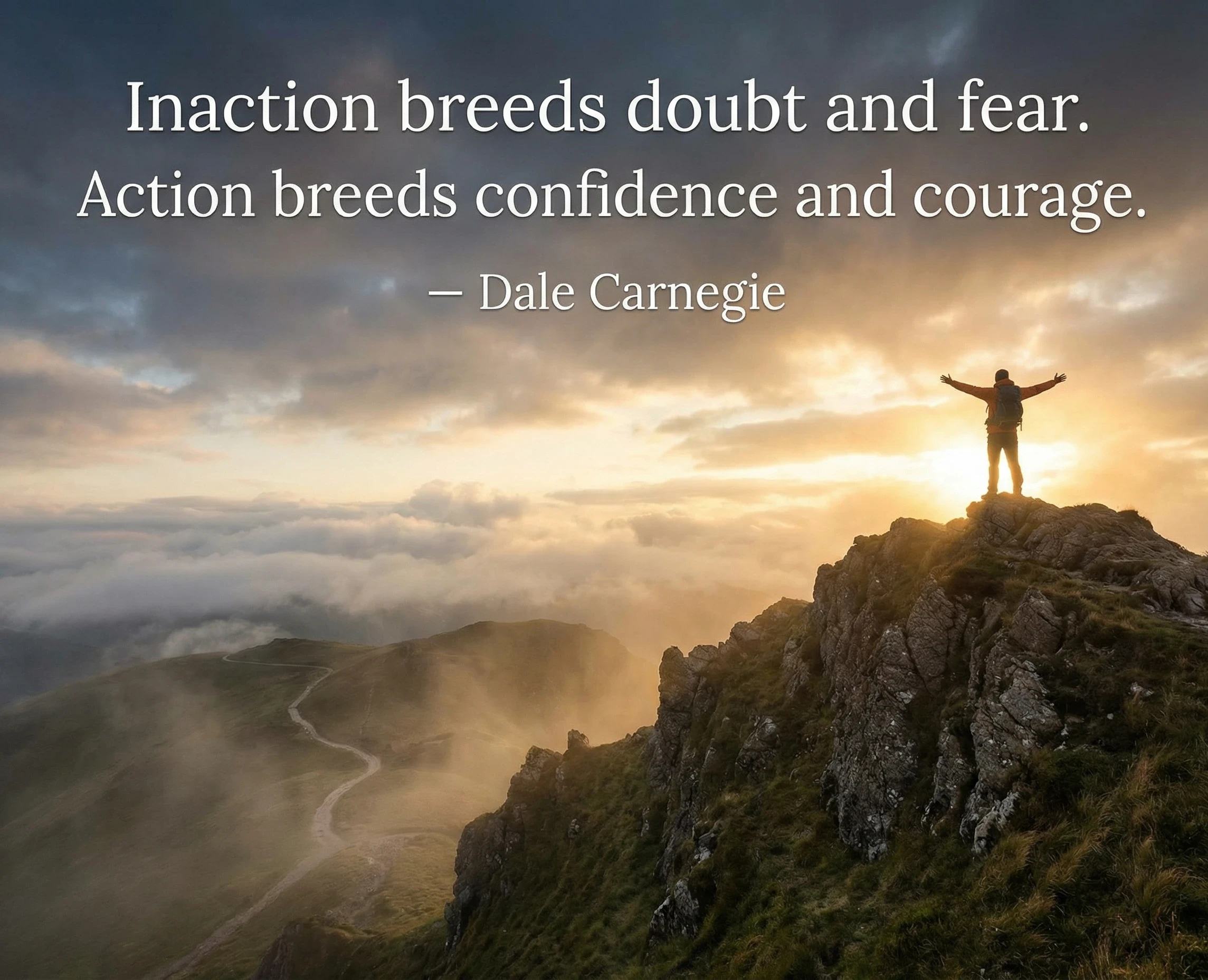 A man standing on top of a mountain triumphant, with the quote about action breedinc confidence from Dale Carnegie. 