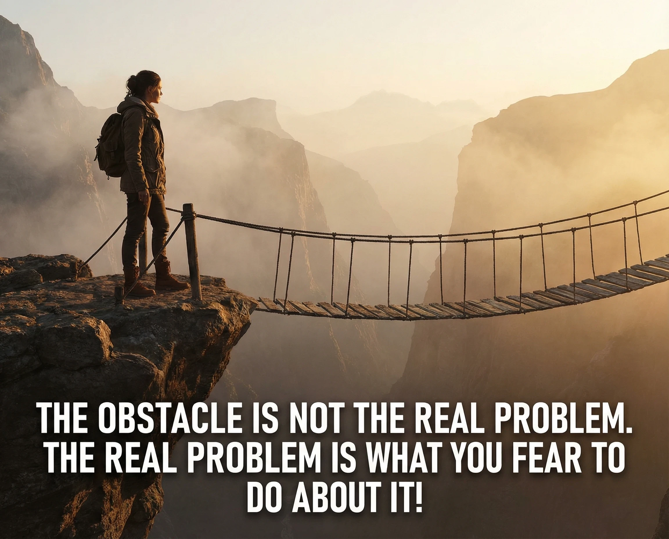 Woman standing at the edge of a rope bridge with the quote " The obstacle is not the real problem. The real problme is what you fear to do about it."