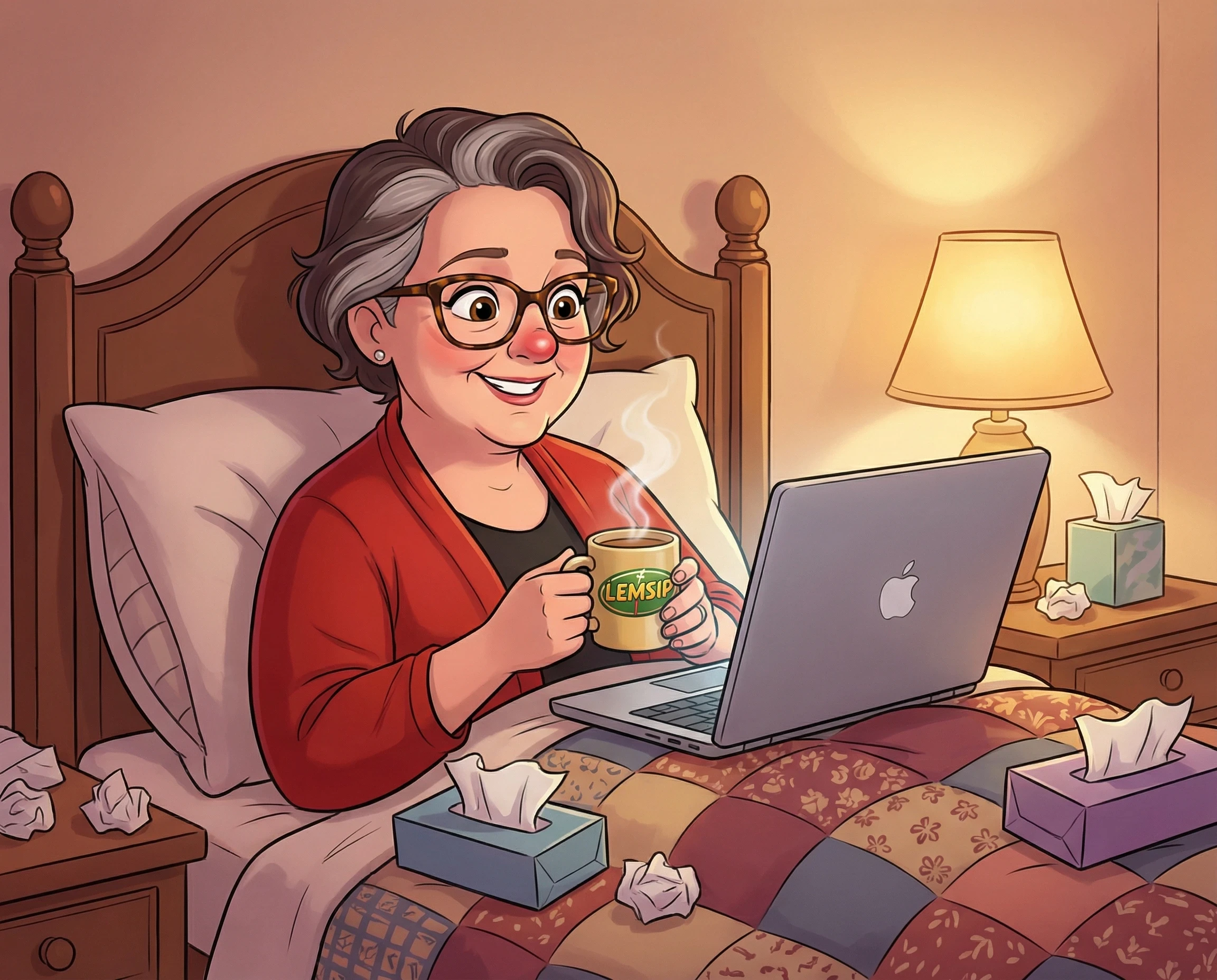 Cartoon image of a woman in bed working on a laptop, drinking Lemsip and surrounded by tissues