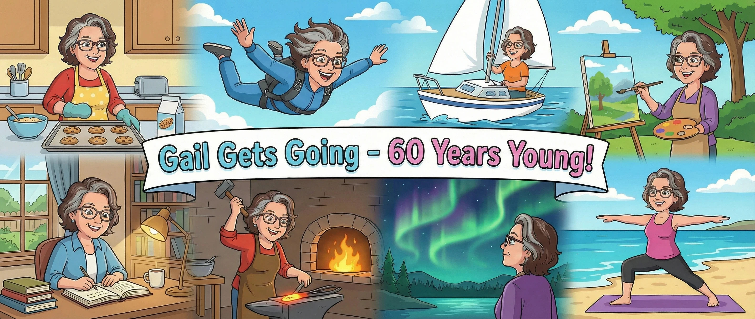 cartoon montage of a woman doing lots of different activities