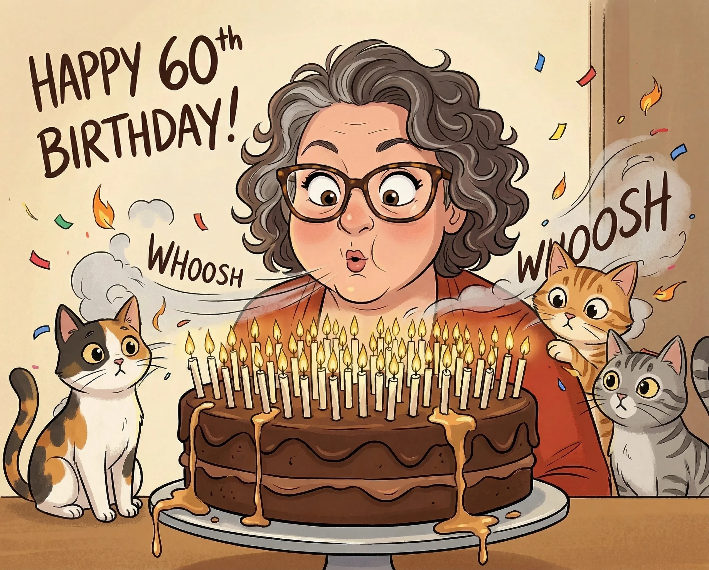 cartoon woman blowing out birthday candles for 60 years