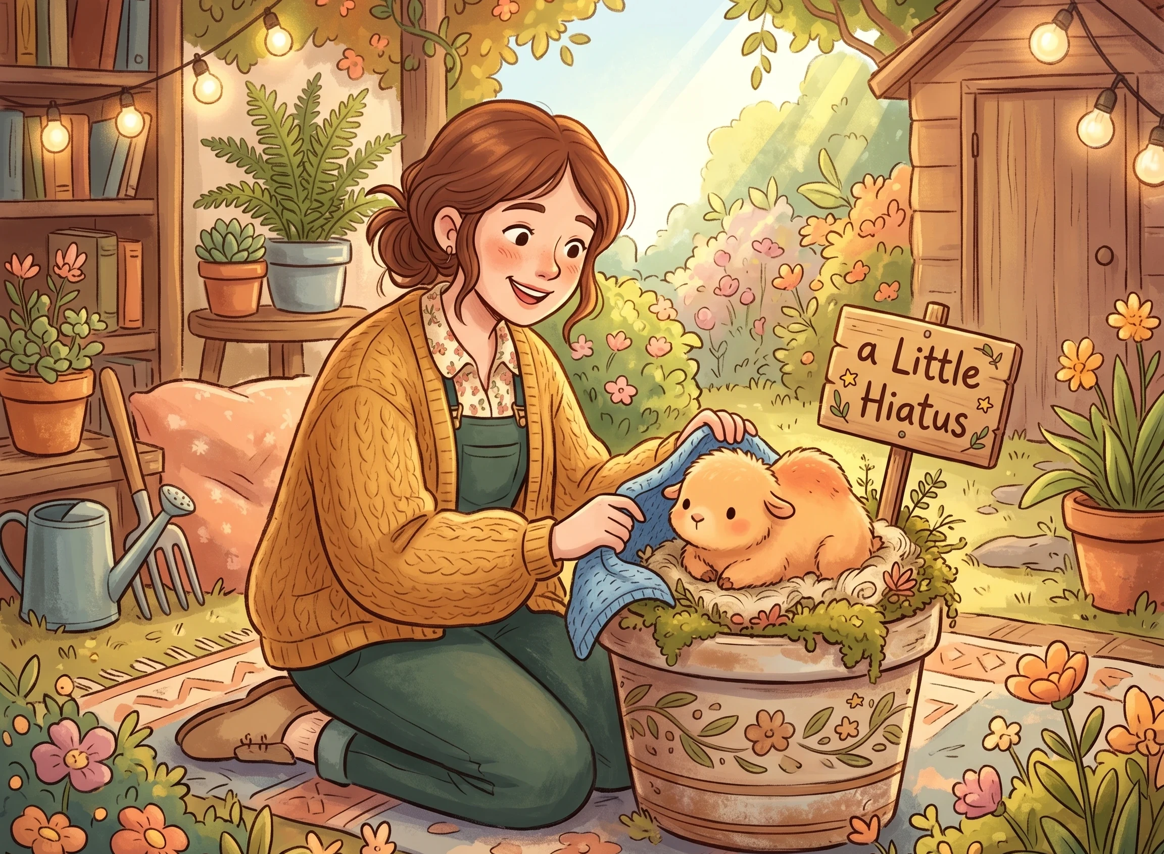 A cartoon image of a woman caring for a small imaginary creature called a 'hiatus'