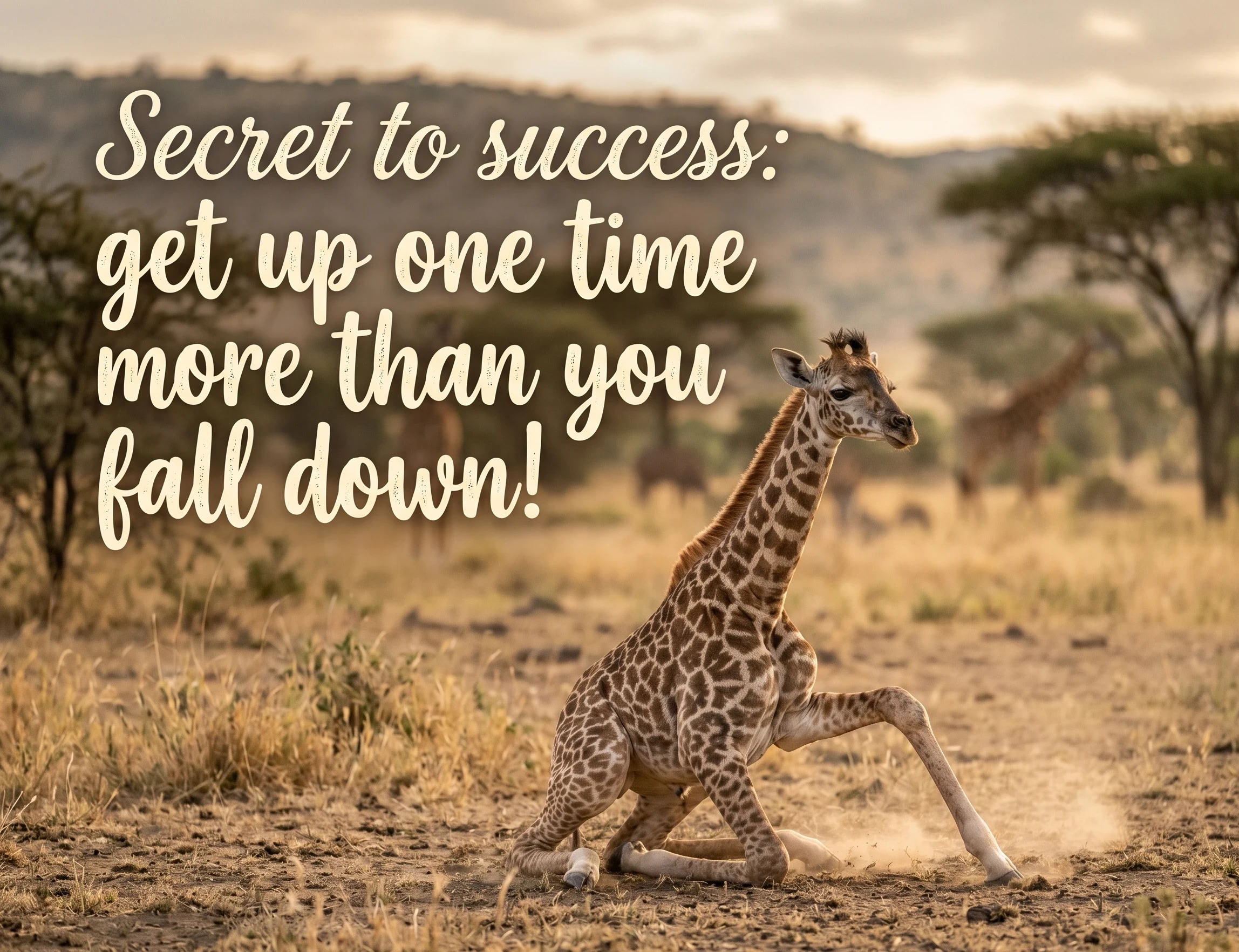 A young giraffe struggling to its feet with a quote about getting up more times than you fall down