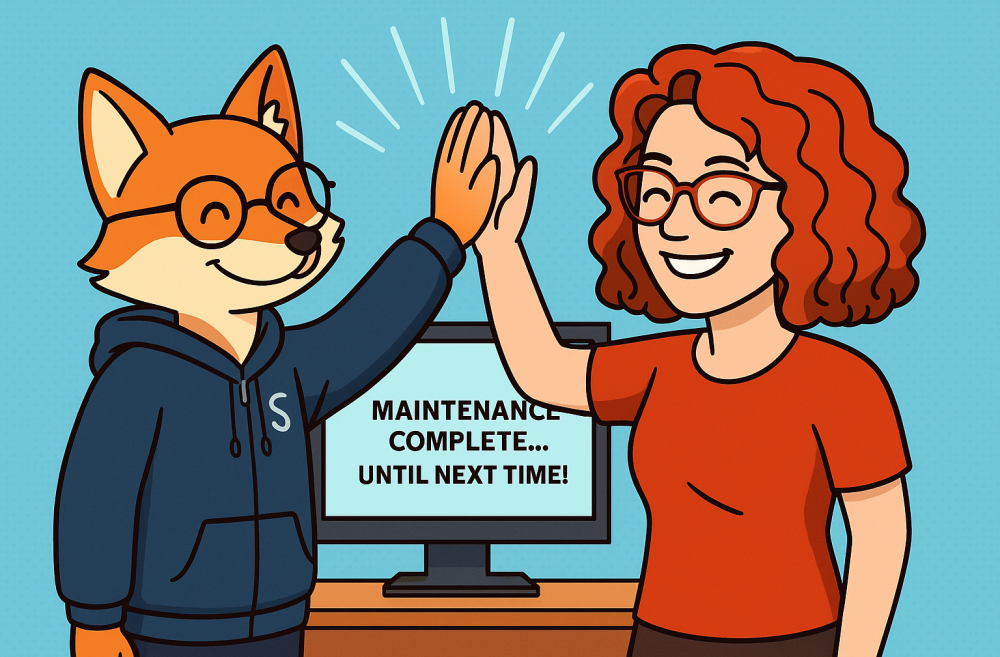 cartoon image of a fox and a women giving a high-5 standing in front of a computer showing 'maintenance complete'