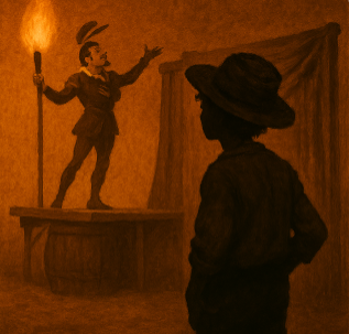 Huckleberry Finn watching an actor perform on a makeshift stage