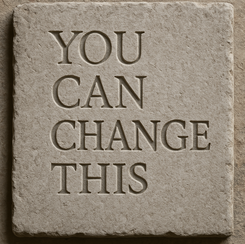 Stone tablet engraved with "You can change this"