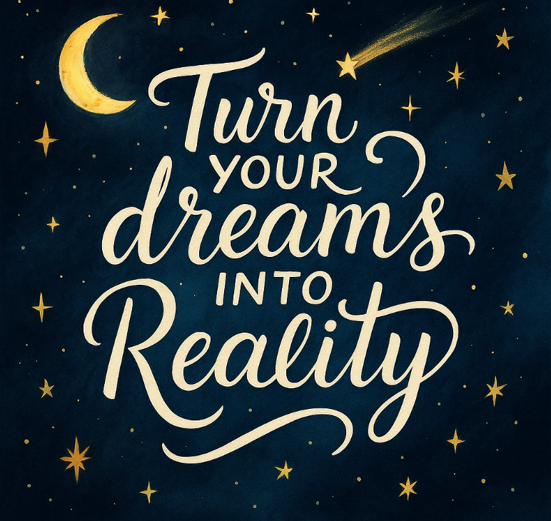 A painting of the night sky with stars and text overlay saying, "Turn your dreams into reality" to motivate people