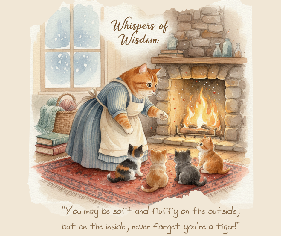 llustration of a motherly cat in an apron speaking to four attentive kittens by a cozy fireplace, with snow falling outside and the quote: ‘You may be soft and fluffy on the outside, but on the inside, never forget you’re a tiger!’