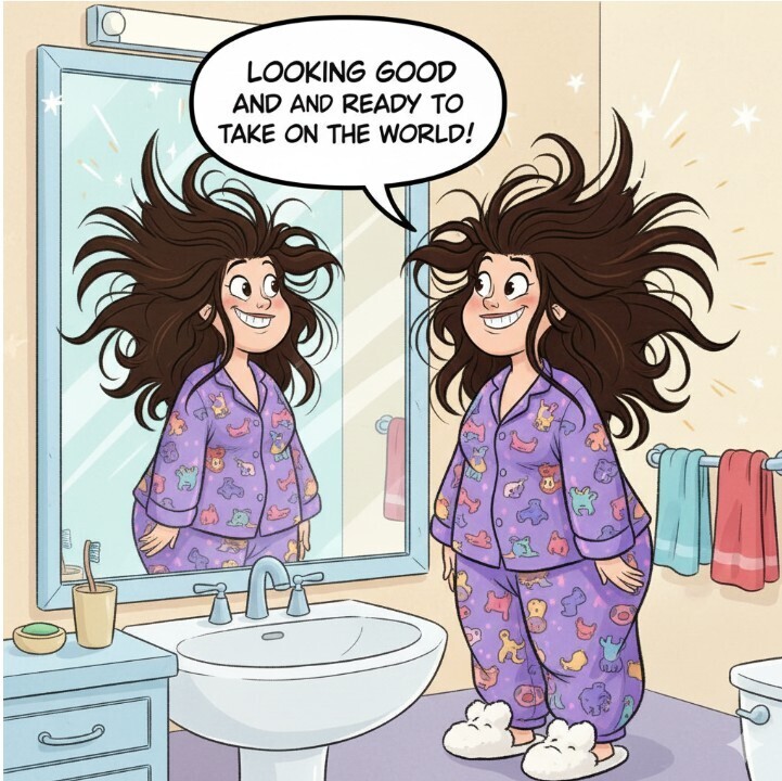 disney style and funny image of a woman looking in the mirror - she is in pyjamas and her hair is a mess, but she is saying to herself "Looking good and ready to take on the world!"
